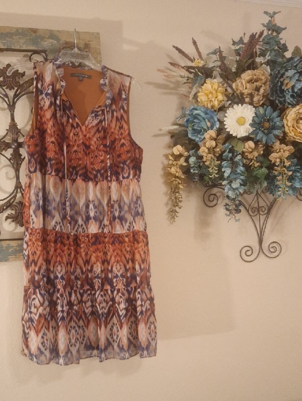 🔥🔥CLEARANCE Julia Jordan Rust, Blue & Cream Sleeveless Dress. Size 10
